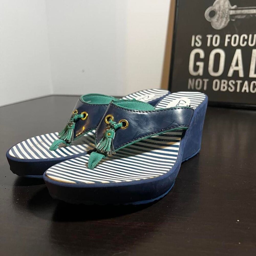 Clarks Womens Size 6 Blue Nautical Stripe Tassel Platform Wedge Sandals 65870